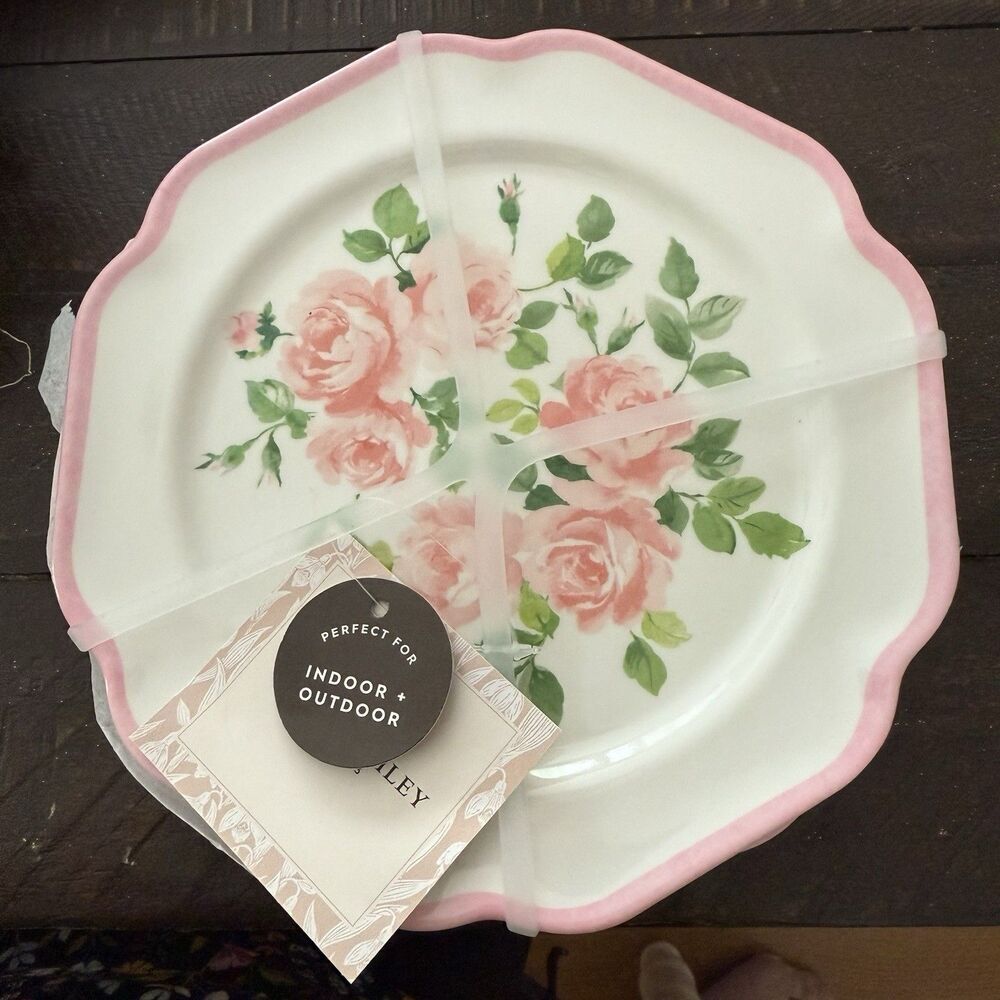 LAURA ASHLEY Melamine Pink Roses 7.5" Salad Plates SET OF 4 NEW Shabby Chic HTF